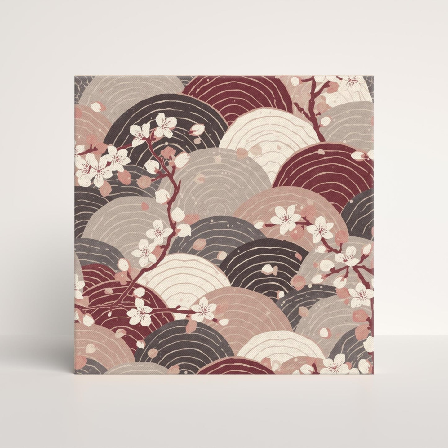 Sakura Wave Canvas Print — Japanese Floral Seigaiha Wall Art | Burgundy Tide Large Wall Decor