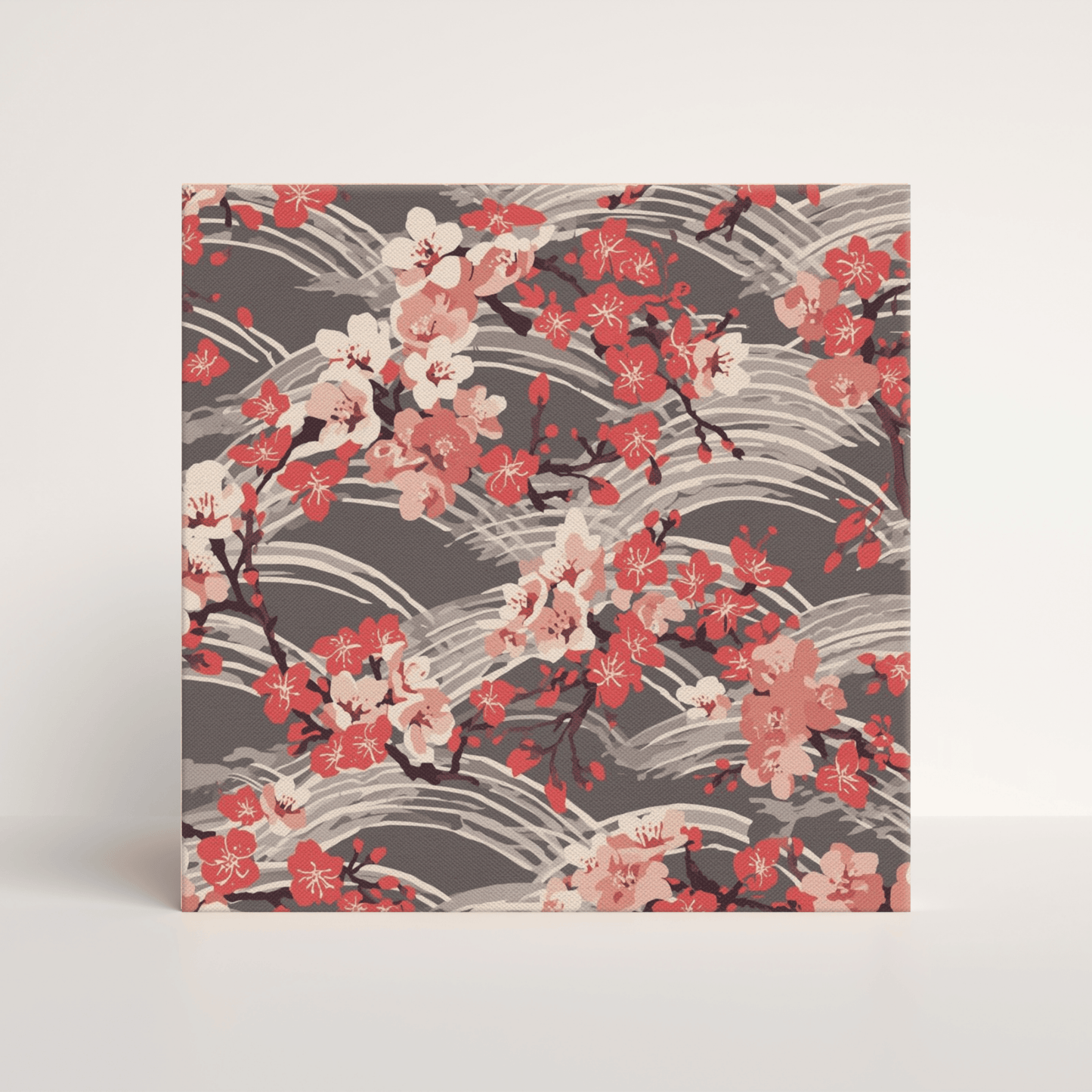 Sakura Wave Canvas Print — Japanese Floral Seigaiha Wall Art | Crimson Dusk Large Wall Decor
