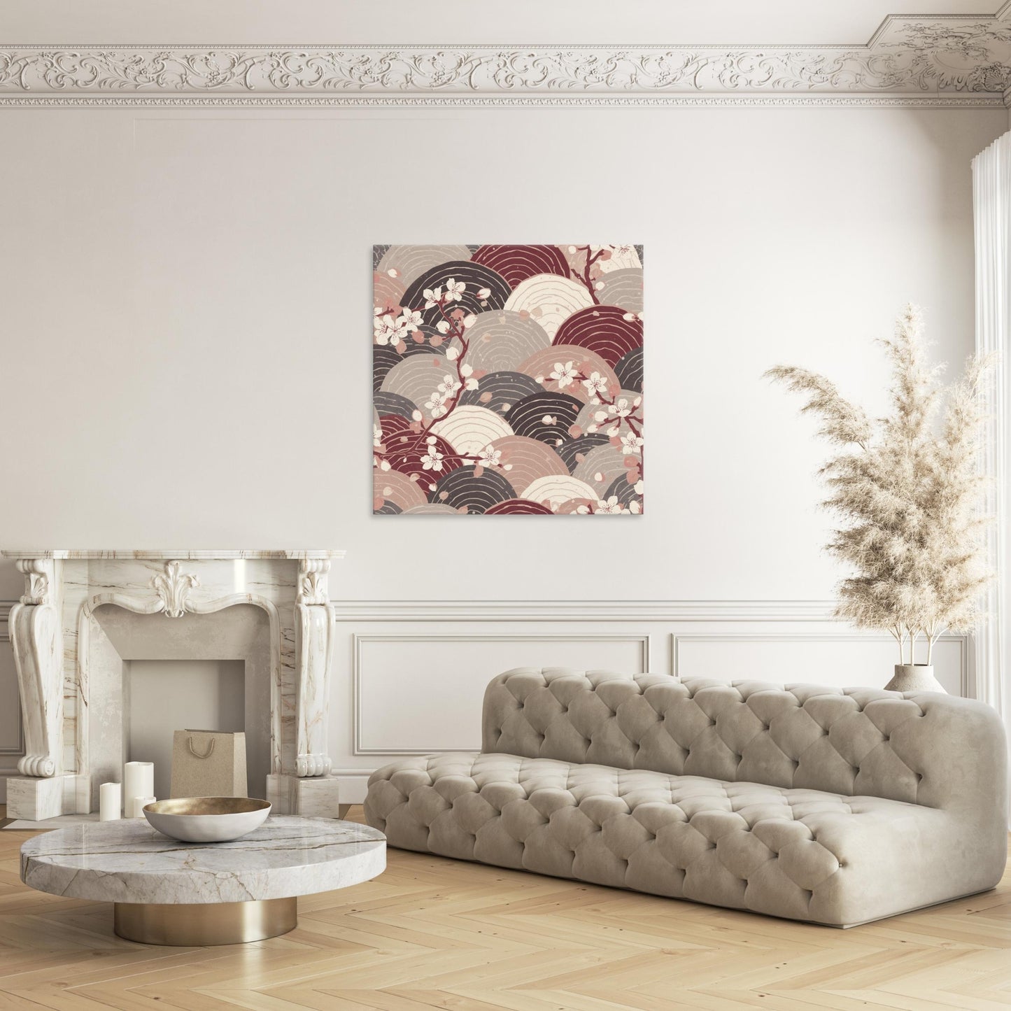 Sakura Wave Canvas Print — Japanese Floral Seigaiha Wall Art | Burgundy Tide Large Wall Decor
