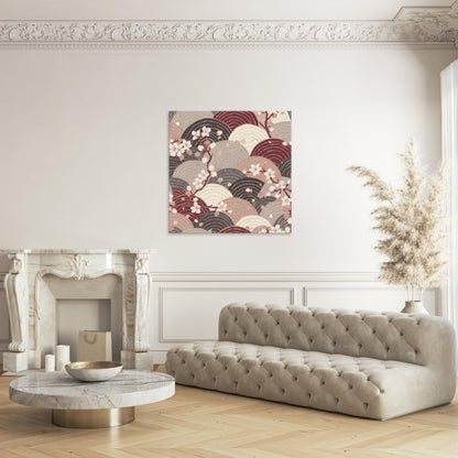 Sakura Wave Canvas Print — Japanese Floral Seigaiha Wall Art | Burgundy Tide Large Wall Decor