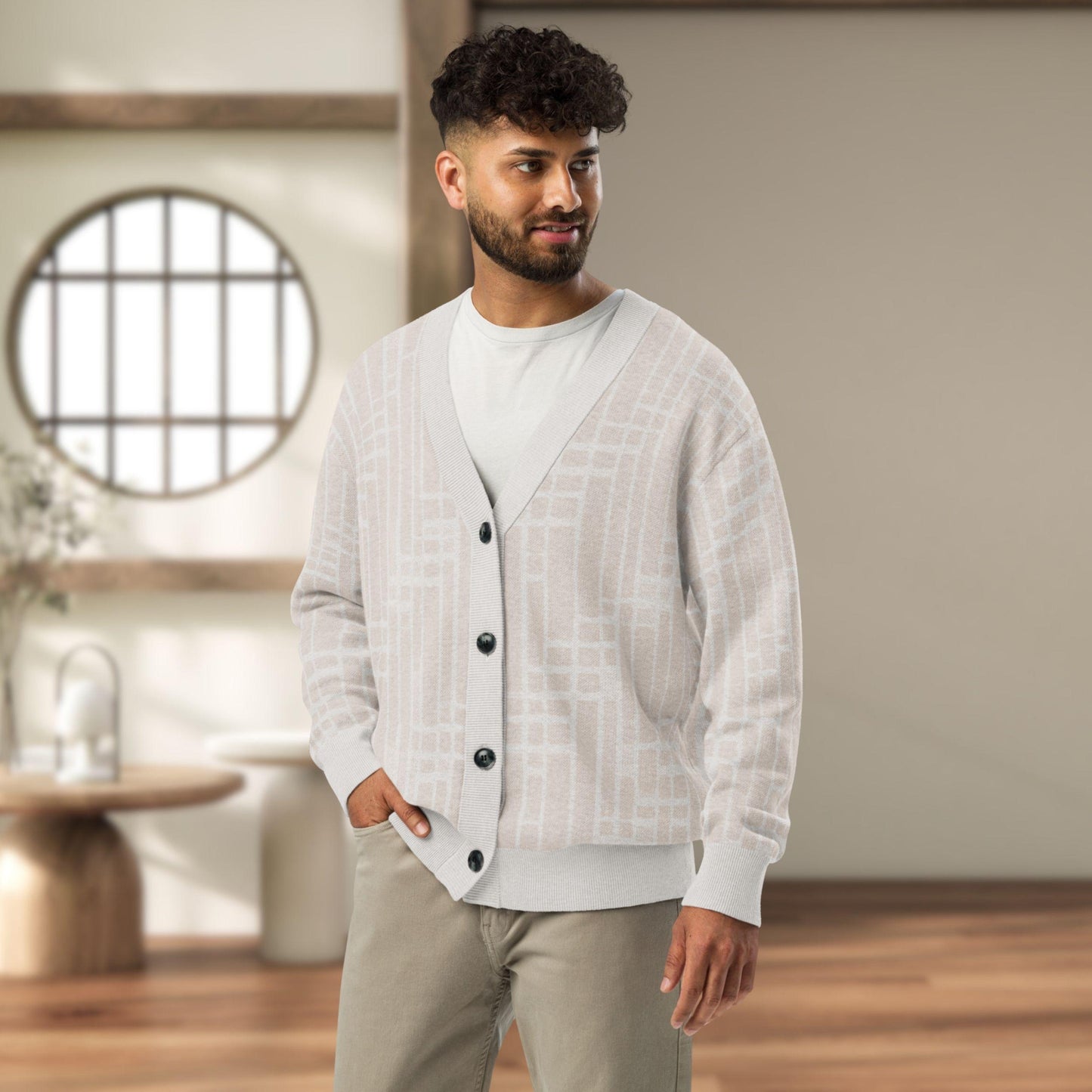 Parchment Grid Shoji Knit Cardigan — Japandi Geometric Sweater | Unisex Jacquard Knitwear
