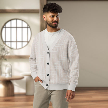 Parchment Grid Shoji Knit Cardigan — Japandi Geometric Sweater | Unisex Jacquard Knitwear