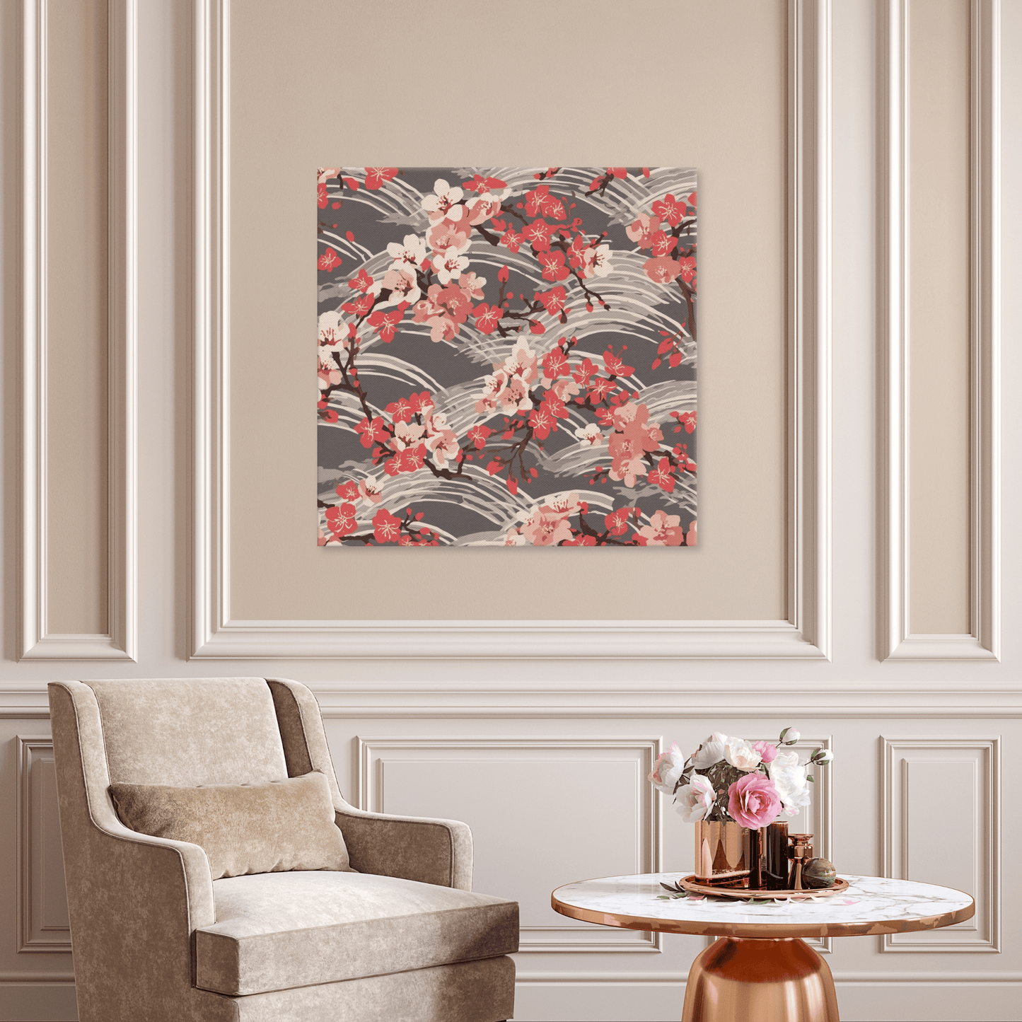 Sakura Wave Canvas Print — Japanese Floral Seigaiha Wall Art | Crimson Dusk Large Wall Decor