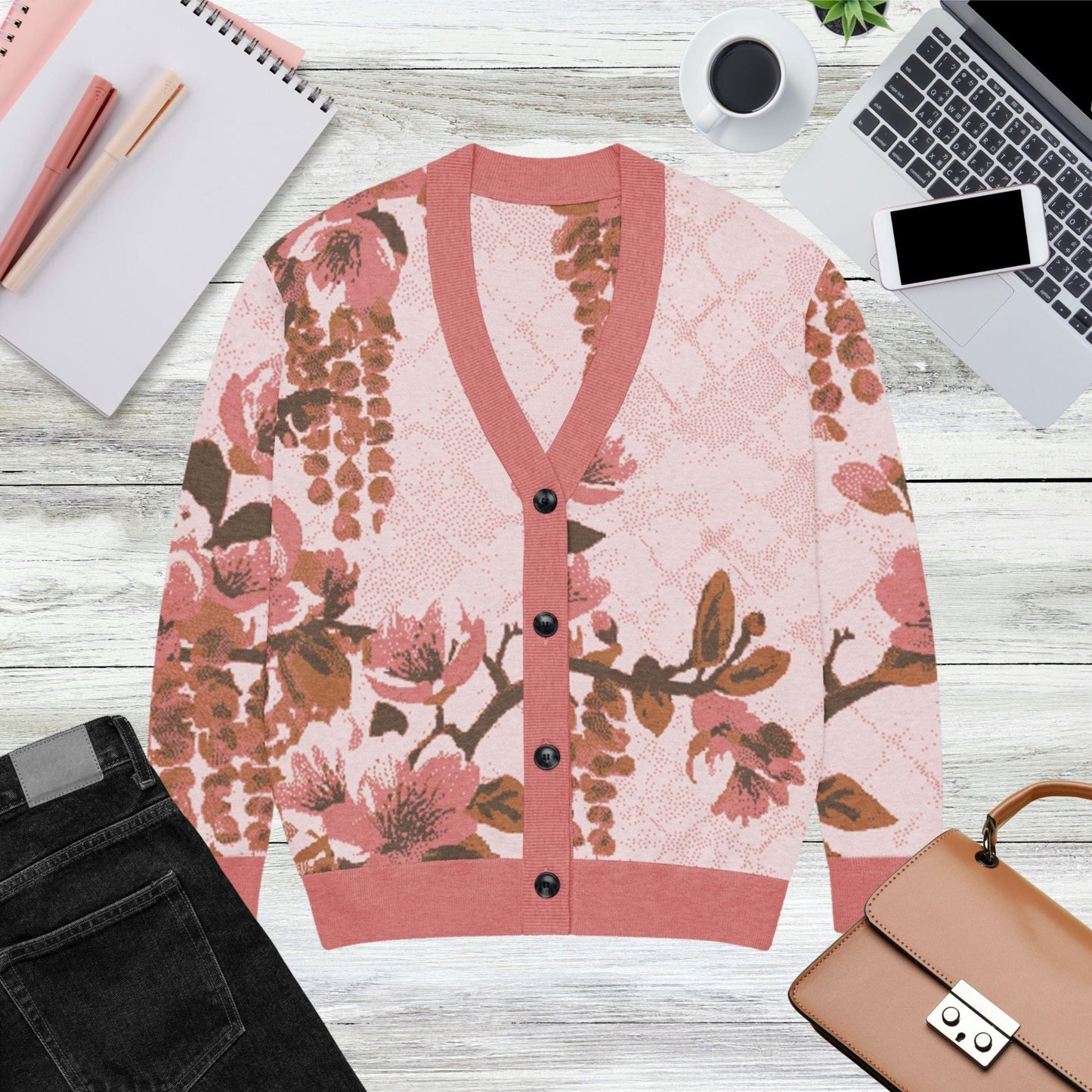 Blush Wisteria Sakura Fuji Knit Cardigan — Japanese Floral Sweater | Kimono-Inspired Jacquard Knitwear