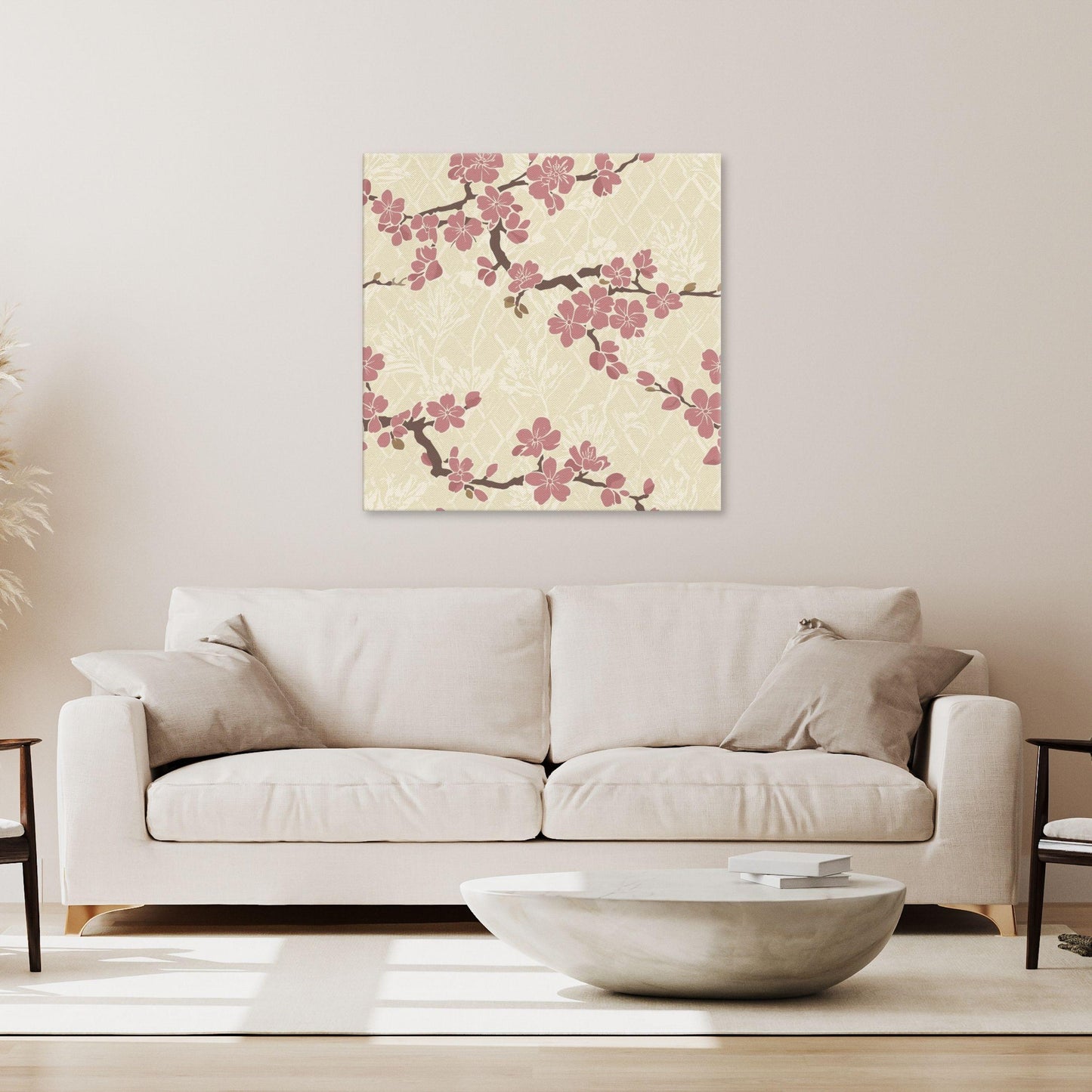 Plum Blossom Canvas Print | Japanese Botanical Wall Art | Dusty Rose Cream Floral Canvas | Asanoha Flower Large Wall Decor Gift