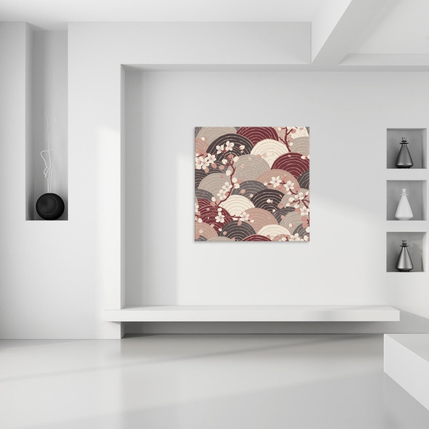 Sakura Wave Canvas Print — Japanese Floral Seigaiha Wall Art | Burgundy Tide Large Wall Decor