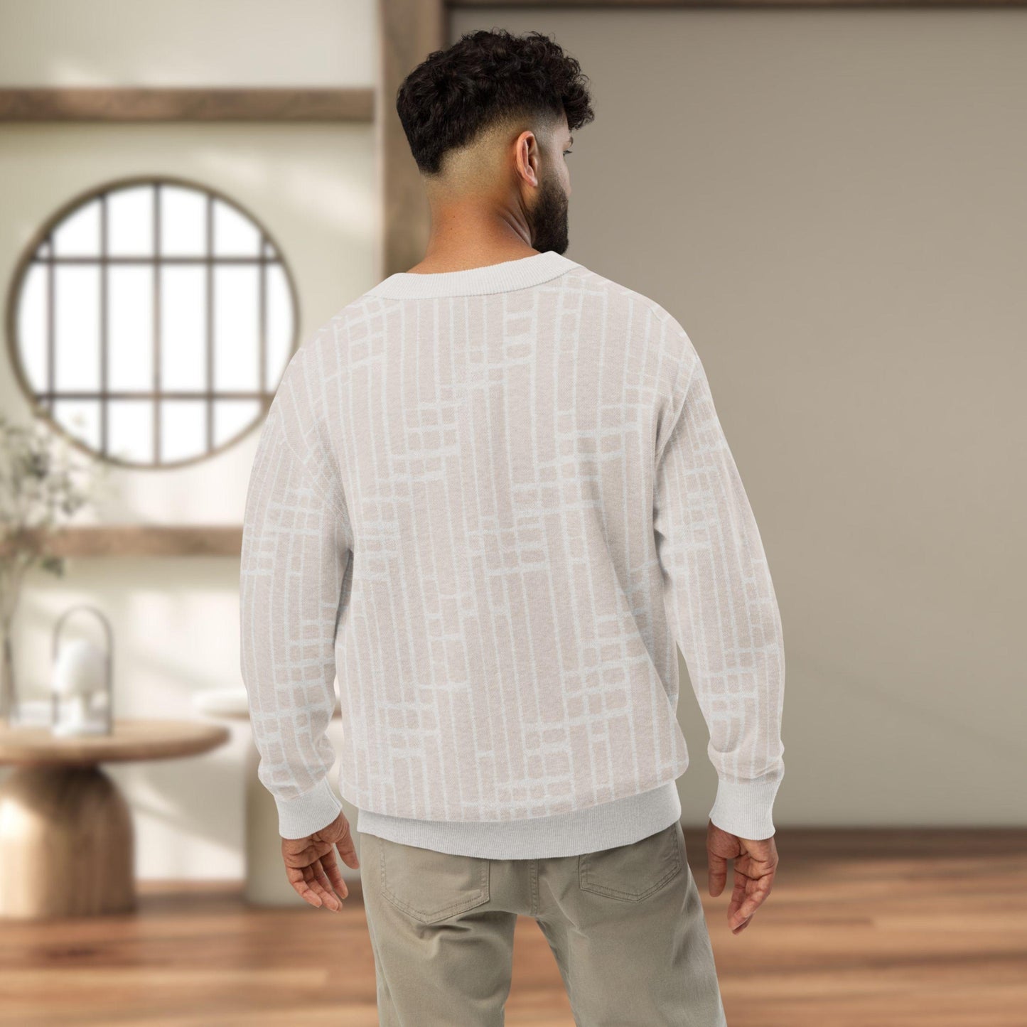Parchment Grid Shoji Knit Cardigan — Japandi Geometric Sweater | Unisex Jacquard Knitwear