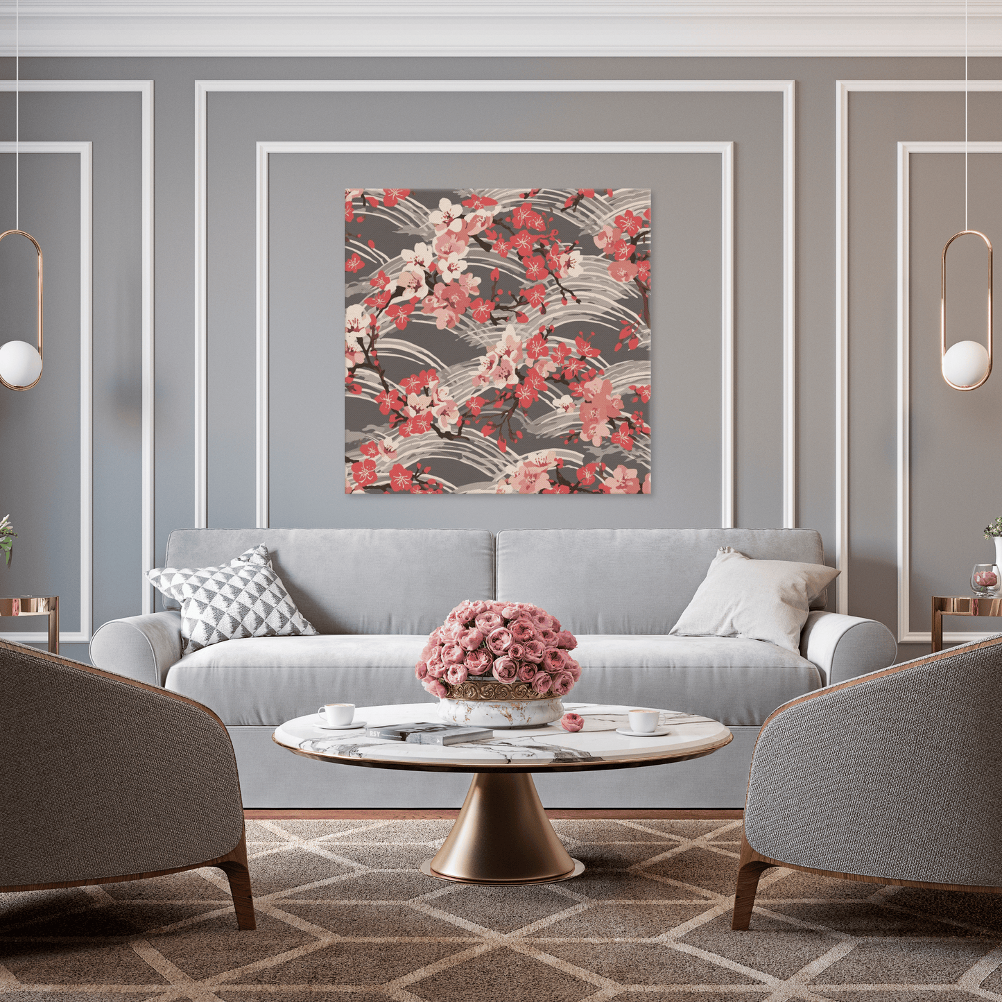 Sakura Wave Canvas Print — Japanese Floral Seigaiha Wall Art | Crimson Dusk Large Wall Decor