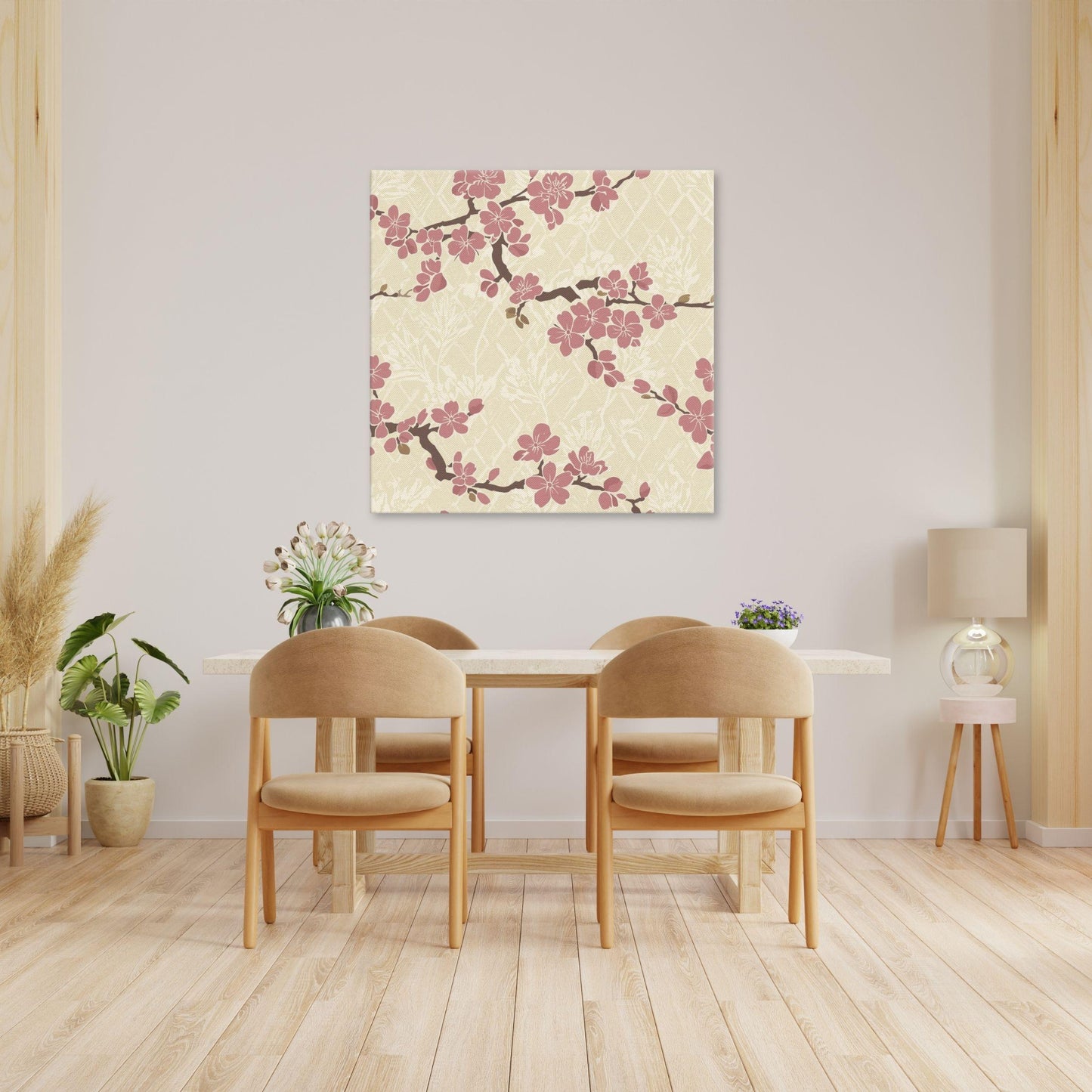 Plum Blossom Canvas Print | Japanese Botanical Wall Art | Dusty Rose Cream Floral Canvas | Asanoha Flower Large Wall Decor Gift