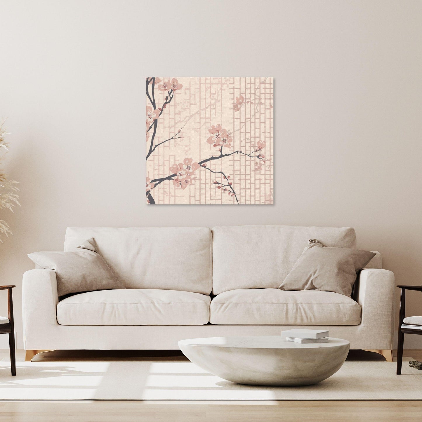 Blush Shoji Sakura Canvas Print — Japanese Cherry Blossom Shoji Screen Wall Art | Tonal Botanical