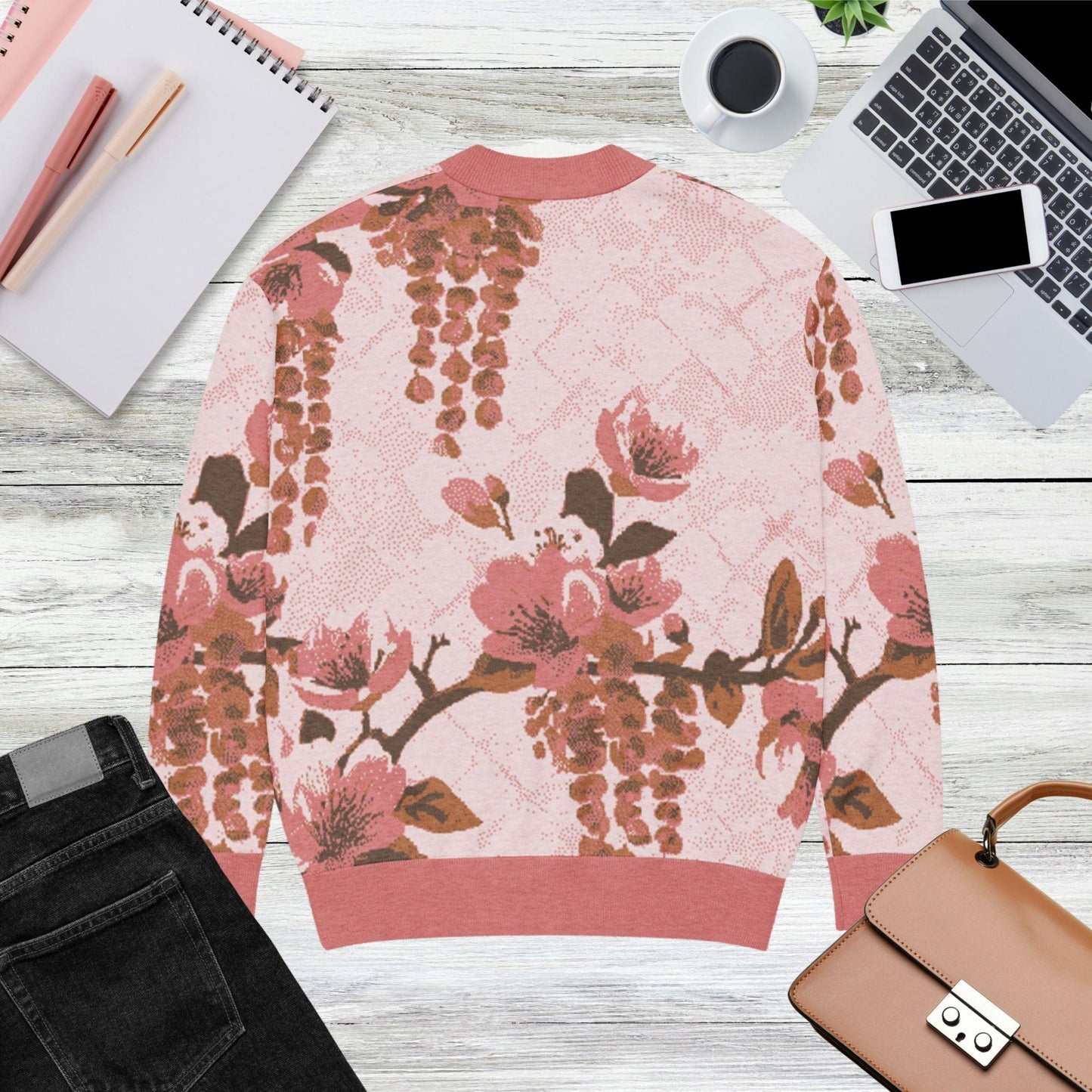 Blush Wisteria Sakura Fuji Knit Cardigan — Japanese Floral Sweater | Kimono-Inspired Jacquard Knitwear