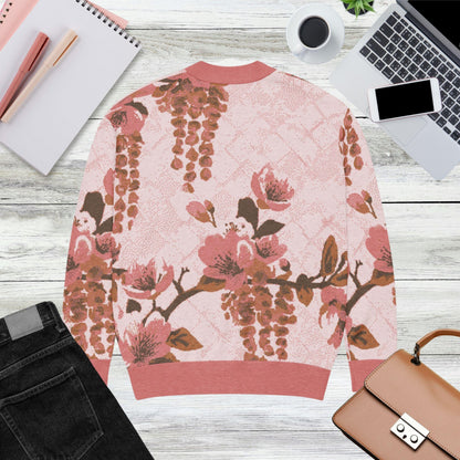 Blush Wisteria Sakura Fuji Knit Cardigan — Japanese Floral Sweater | Kimono-Inspired Jacquard Knitwear