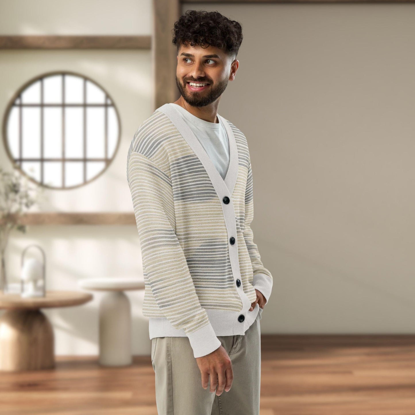 Shoji Shadow Jacquard Knit Cardigan — Japandi Minimalist Unisex Relaxed Fit