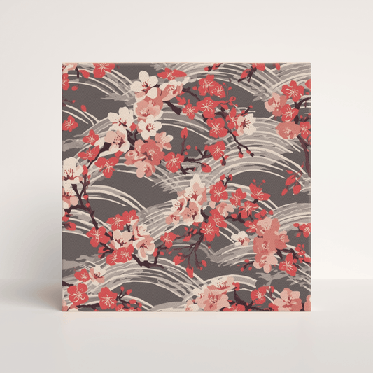 Sakura Wave Canvas Print — Japanese Floral Seigaiha Wall Art | Crimson Dusk Large Wall Decor