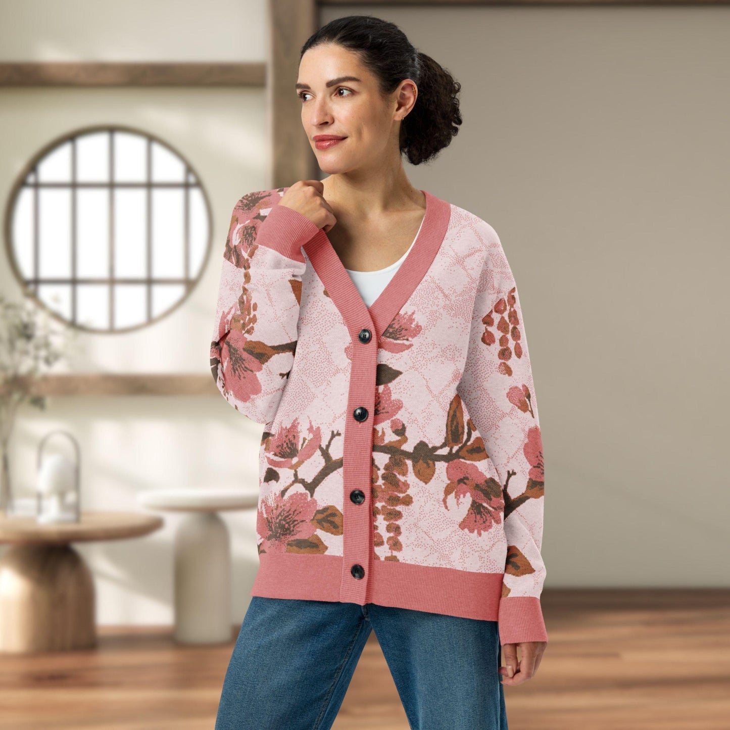 Blush Wisteria Sakura Fuji Knit Cardigan — Japanese Floral Sweater | Kimono-Inspired Jacquard Knitwear