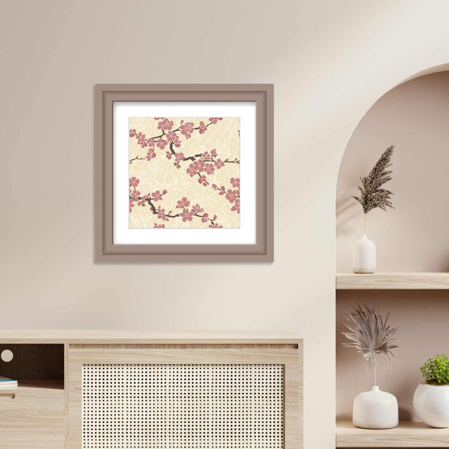 Plum Blossom Poster | Japanese Botanical Wall Art Print | Dusty Rose Cream Floral Print | Asanoha Flower Home Decor