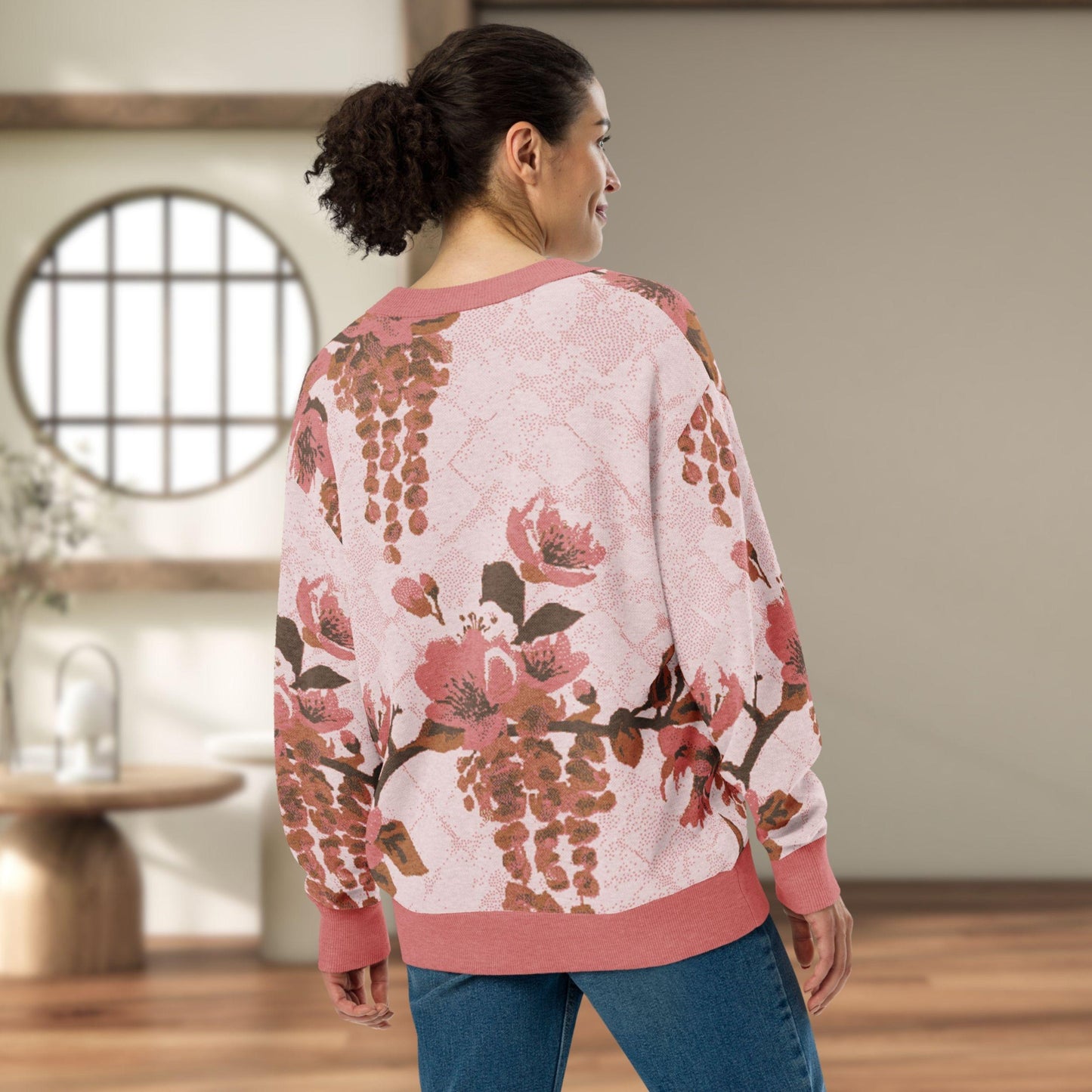 Blush Wisteria Sakura Fuji Knit Cardigan — Japanese Floral Sweater | Kimono-Inspired Jacquard Knitwear