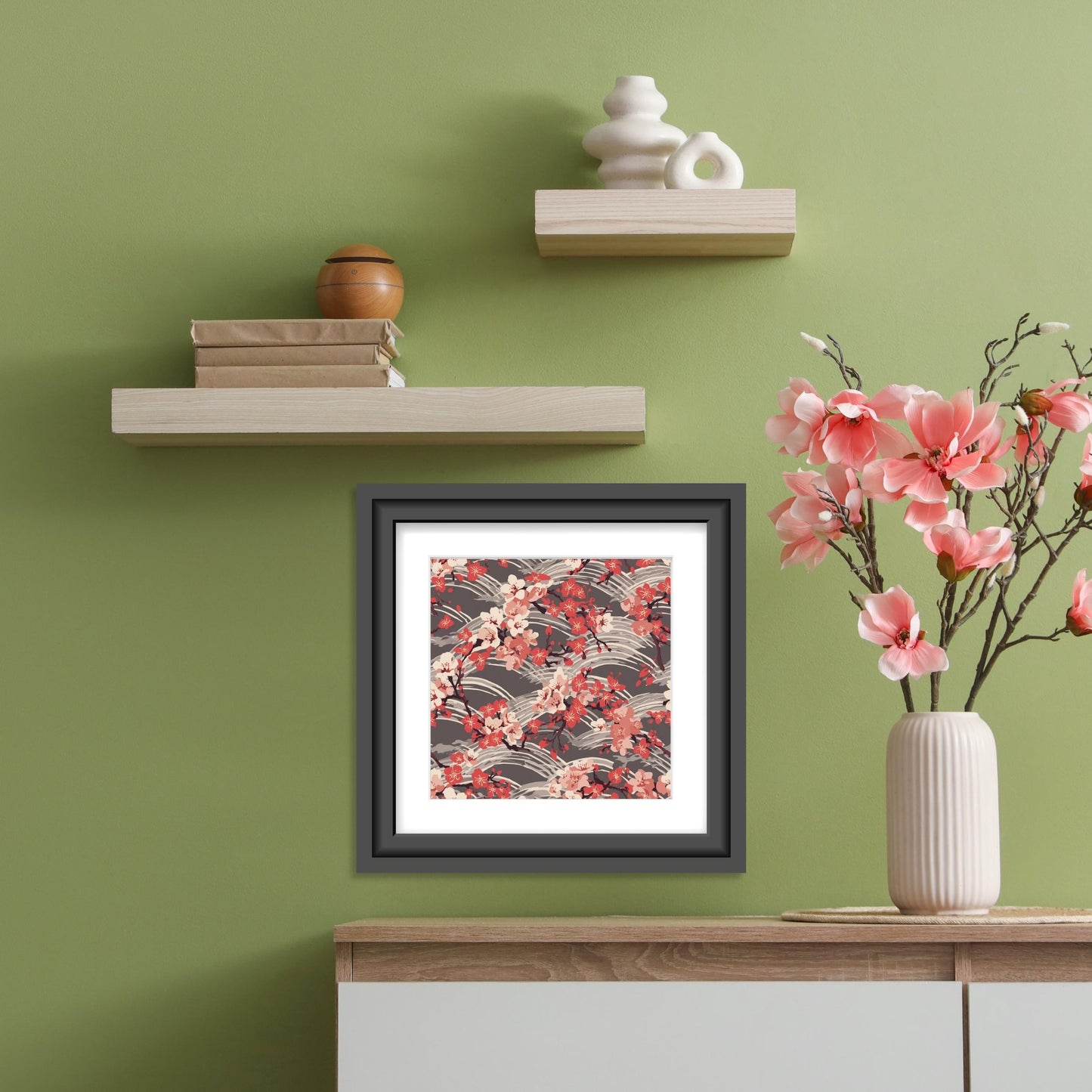 Sakura Wave Art Print — Japanese Floral Seigaiha Wall Art Poster | Crimson Dusk