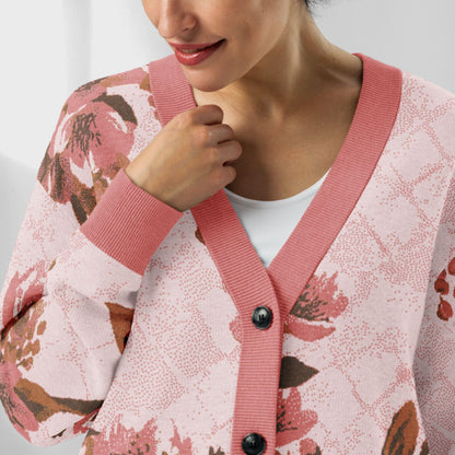 Blush Wisteria Sakura Fuji Knit Cardigan — Japanese Floral Sweater | Kimono-Inspired Jacquard Knitwear