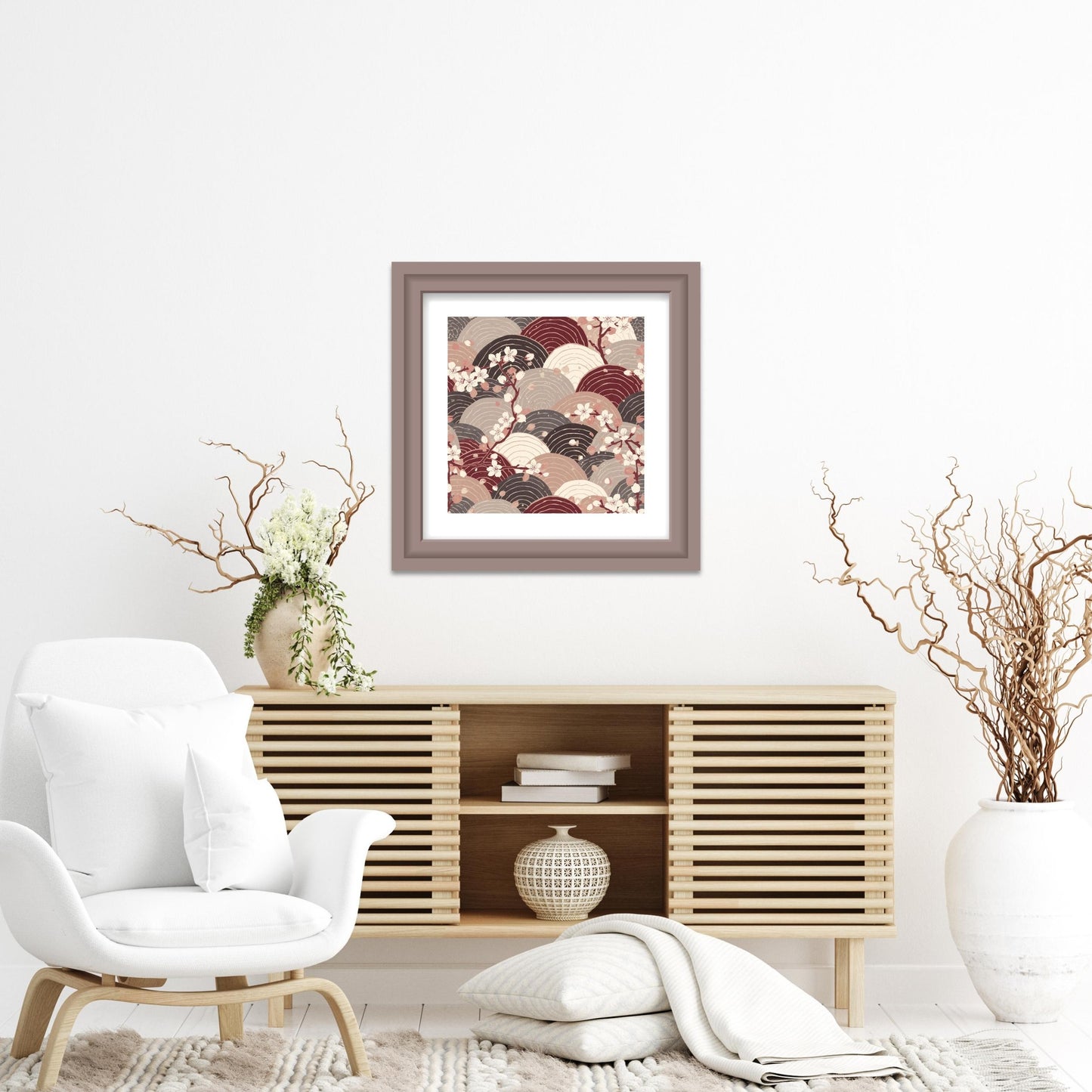 Sakura Wave Art Print — Japanese Floral Seigaiha Wall Art Poster | Burgundy Tide