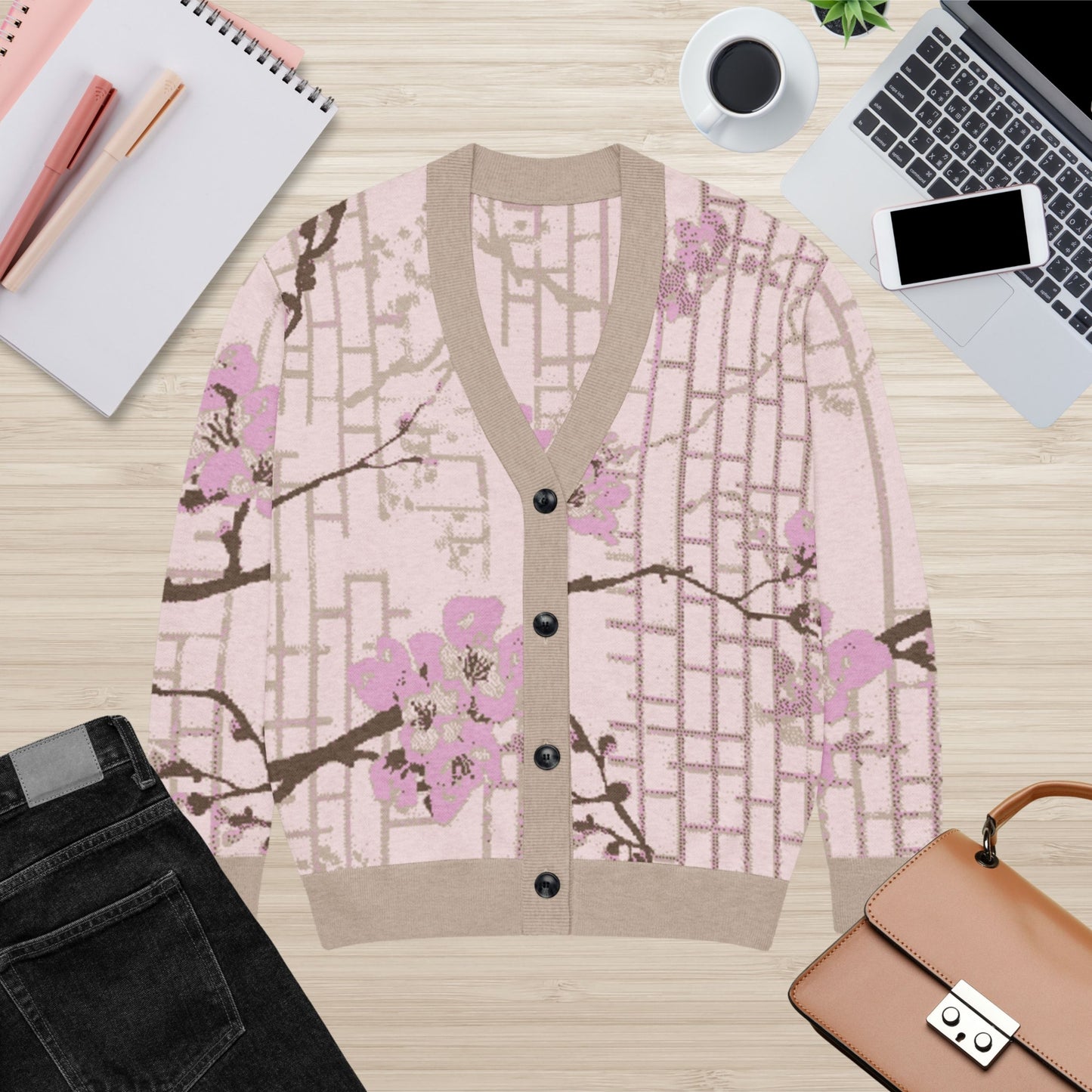Blush Shoji Sakura Knit Cardigan — Japanese Cherry Blossom Shoji Screen Sweater | Unisex Jacquard Knitwear