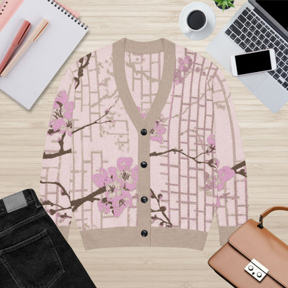 Blush Shoji Sakura Knit Cardigan — Japanese Cherry Blossom Shoji Screen Sweater | Unisex Jacquard Knitwear
