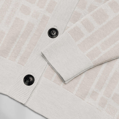 Parchment Grid Shoji Knit Cardigan — Japandi Geometric Sweater | Unisex Jacquard Knitwear
