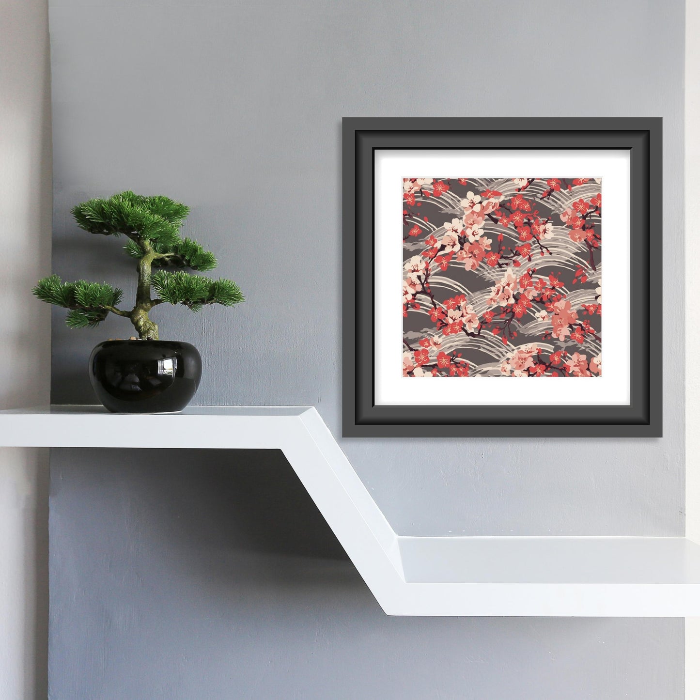 Sakura Wave Art Print — Japanese Floral Seigaiha Wall Art Poster | Crimson Dusk