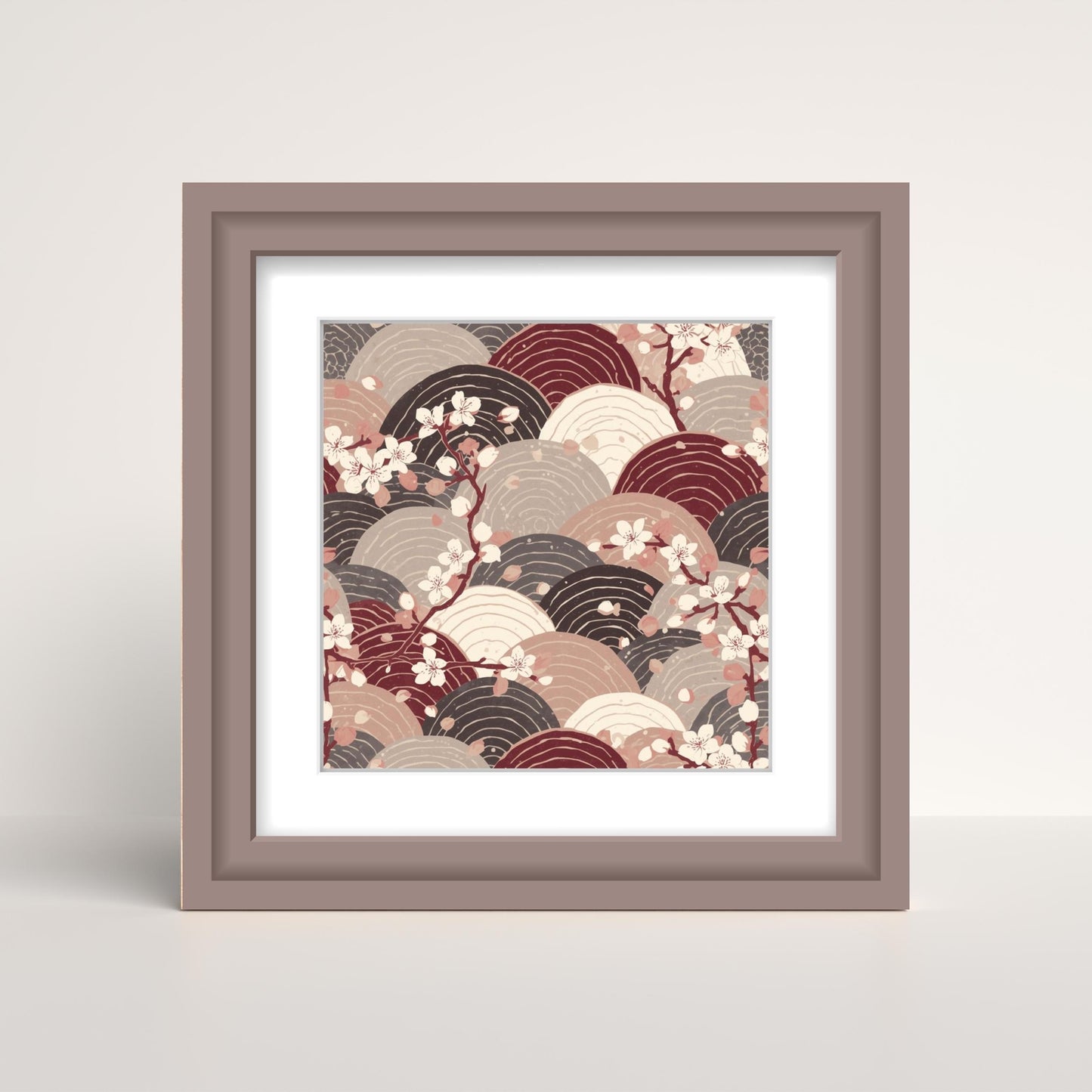 Sakura Wave Art Print — Japanese Floral Seigaiha Wall Art Poster | Burgundy Tide
