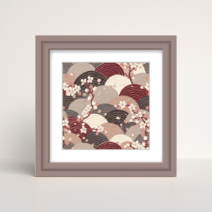 Sakura Wave Art Print — Japanese Floral Seigaiha Wall Art Poster | Burgundy Tide