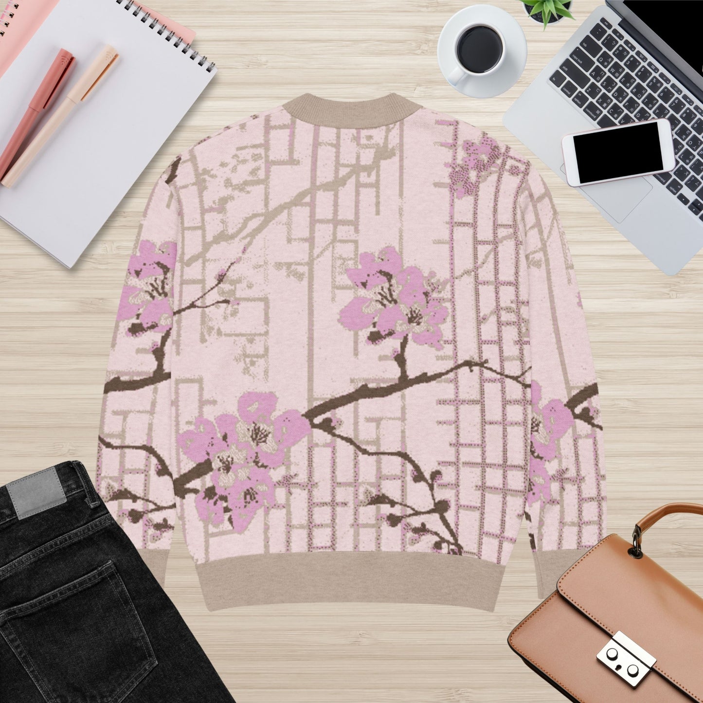 Blush Shoji Sakura Knit Cardigan — Japanese Cherry Blossom Shoji Screen Sweater | Unisex Jacquard Knitwear