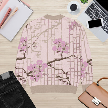 Blush Shoji Sakura Knit Cardigan — Japanese Cherry Blossom Shoji Screen Sweater | Unisex Jacquard Knitwear
