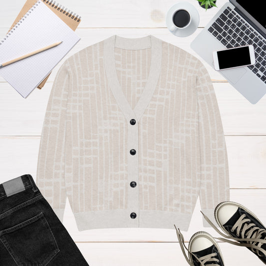 Parchment Grid Shoji Knit Cardigan — Japandi Geometric Sweater | Unisex Jacquard Knitwear