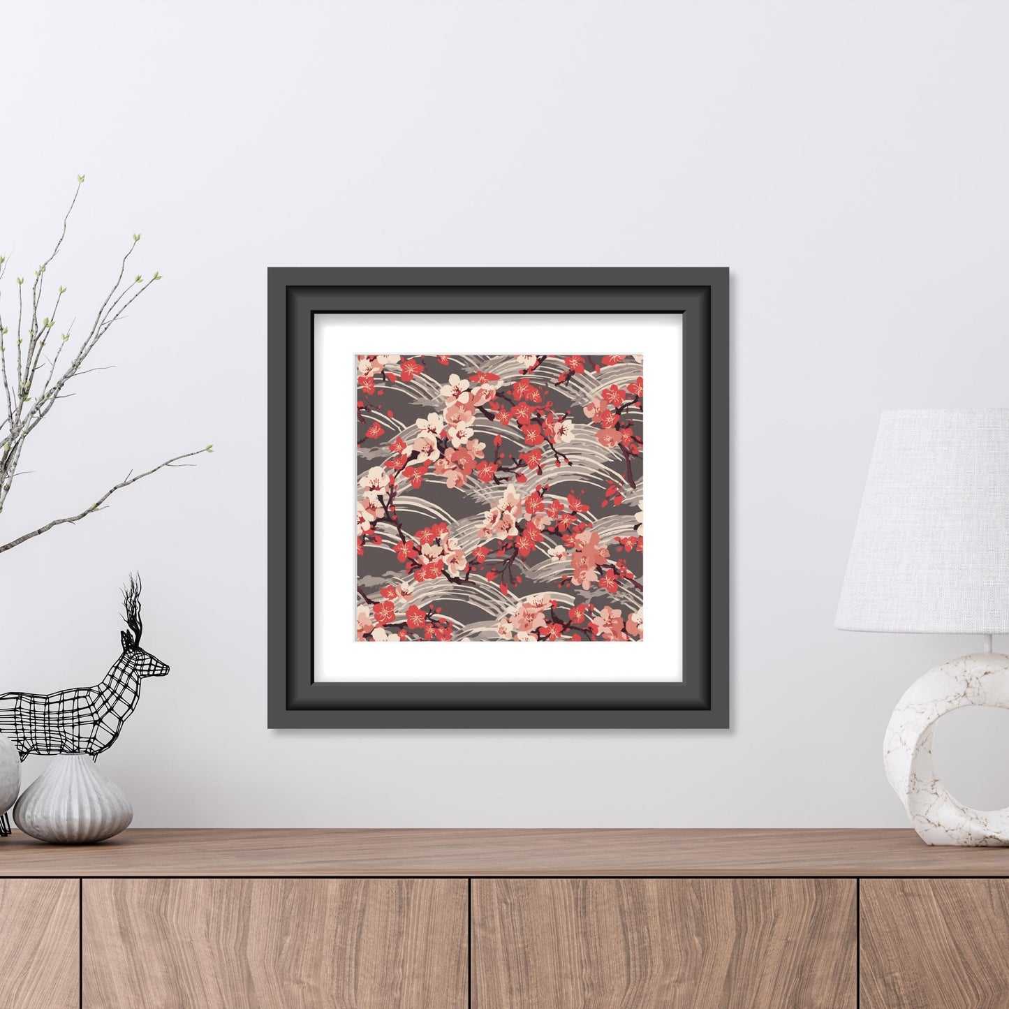 Sakura Wave Art Print — Japanese Floral Seigaiha Wall Art Poster | Crimson Dusk