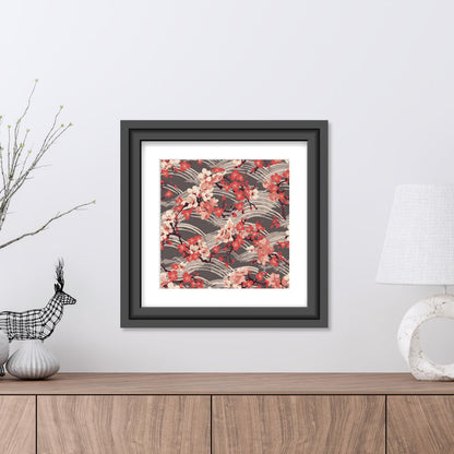 Sakura Wave Art Print — Japanese Floral Seigaiha Wall Art Poster | Crimson Dusk
