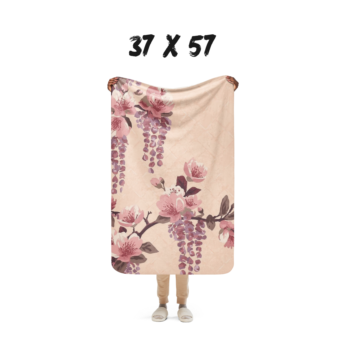 Blush Wisteria Sakura Fuji Sherpa Throw Blanket — Japanese Floral Cozy Blanket | Romantic Botanical
