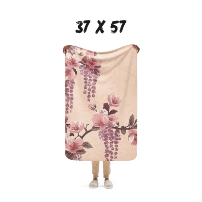 Blush Wisteria Sakura Fuji Sherpa Throw Blanket — Japanese Floral Cozy Blanket | Romantic Botanical