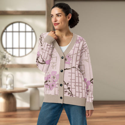 Blush Shoji Sakura Knit Cardigan — Japanese Cherry Blossom Shoji Screen Sweater | Unisex Jacquard Knitwear