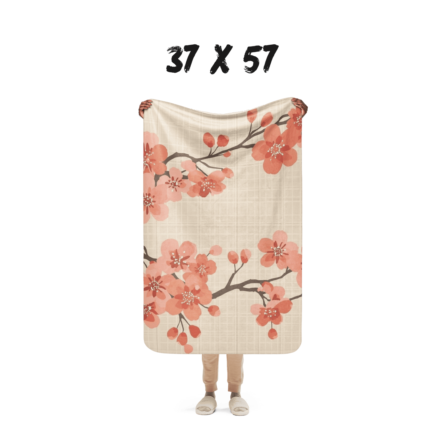 Cherry Blossom Sherpa Blanket | Japanese Sakura Throw Blanket | Coral Cream Floral Sherpa Throw | Japanese Botanical Home Decor Gift