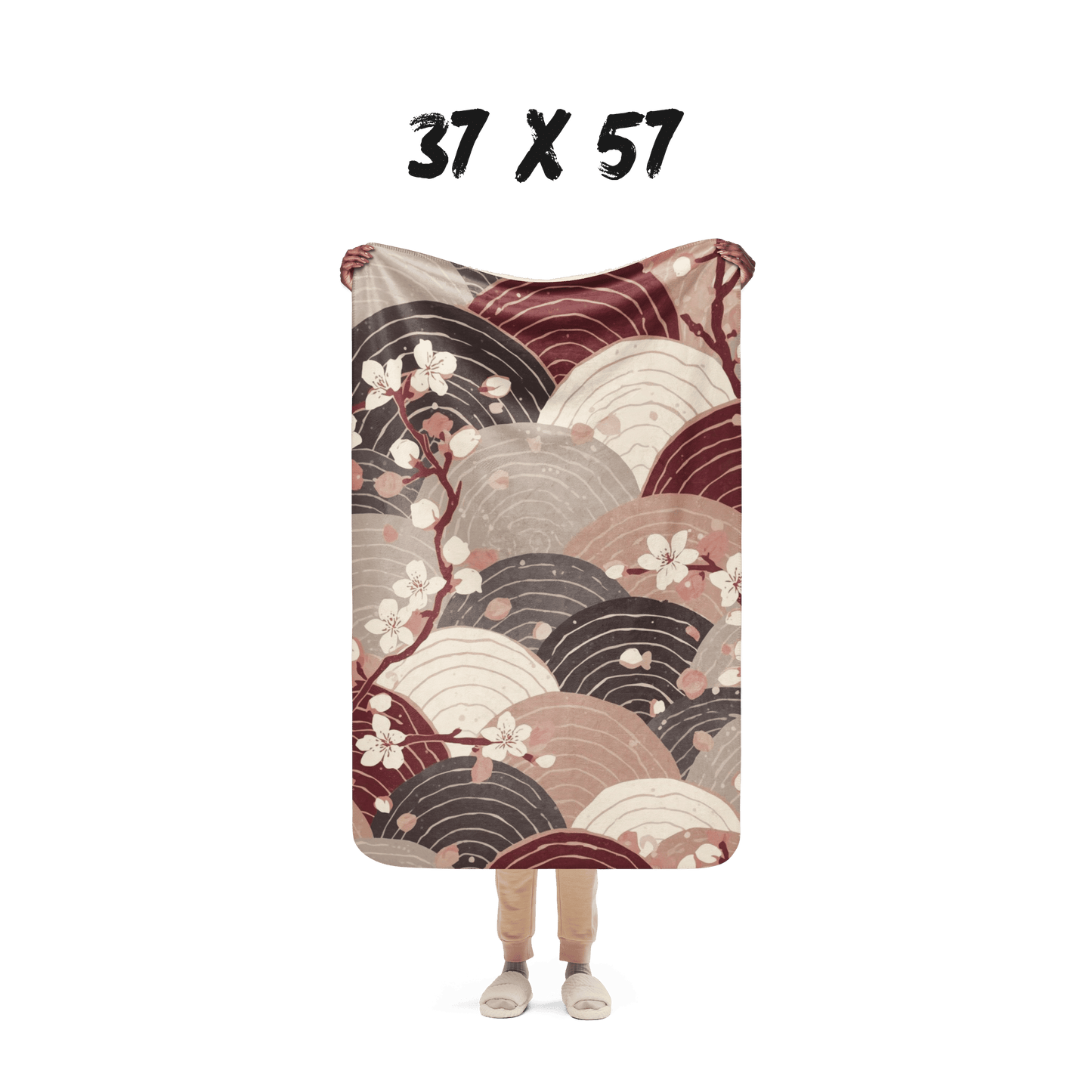 Sakura Wave Sherpa Blanket — Japanese Floral Seigaiha Throw | Burgundy Tide
