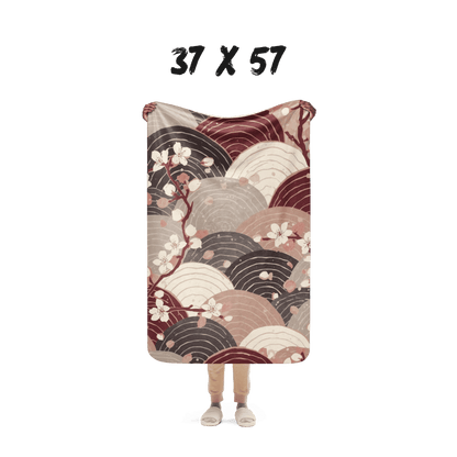 Sakura Wave Sherpa Blanket — Japanese Floral Seigaiha Throw | Burgundy Tide