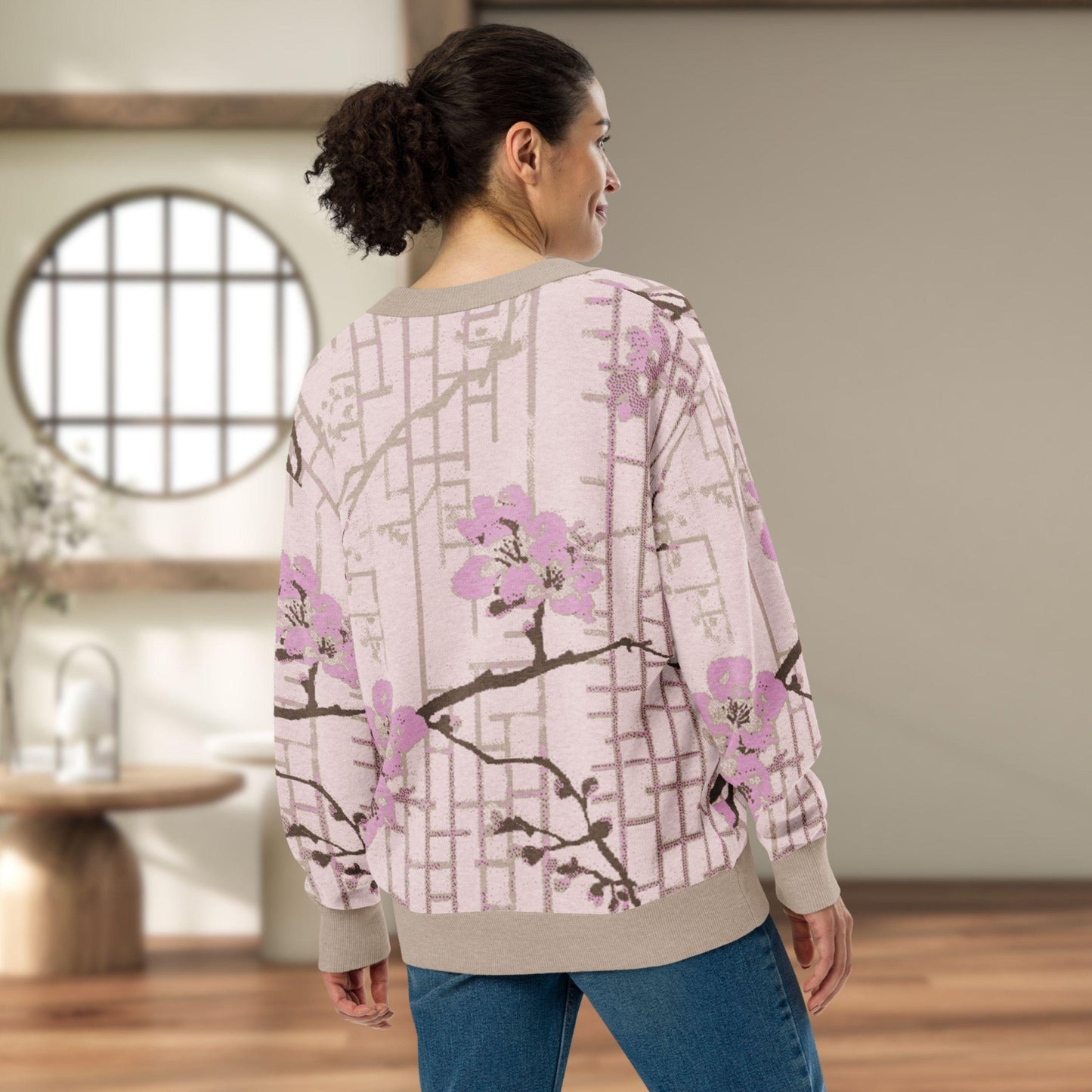 Blush Shoji Sakura Knit Cardigan — Japanese Cherry Blossom Shoji Screen Sweater | Unisex Jacquard Knitwear