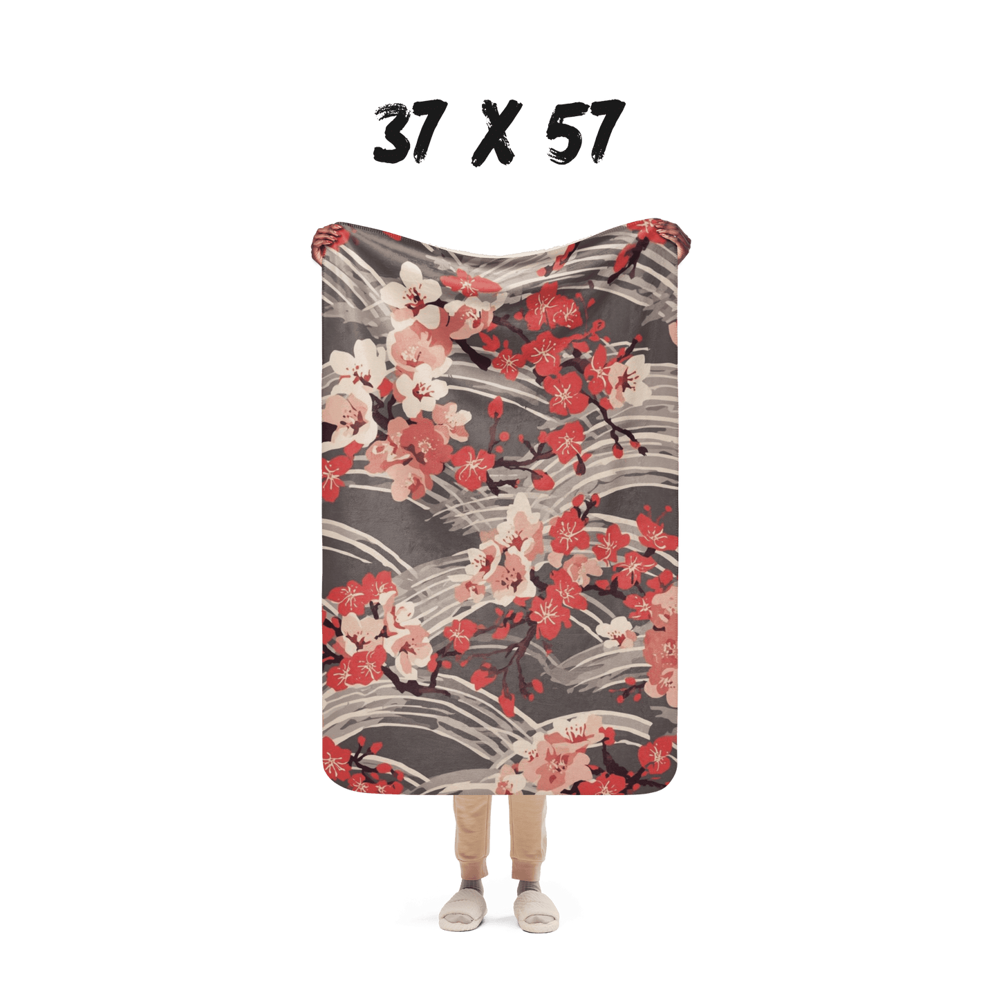Sakura Wave Sherpa Blanket — Japanese Floral Seigaiha Throw | Crimson Dusk