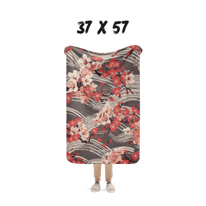 Sakura Wave Sherpa Blanket — Japanese Floral Seigaiha Throw | Crimson Dusk