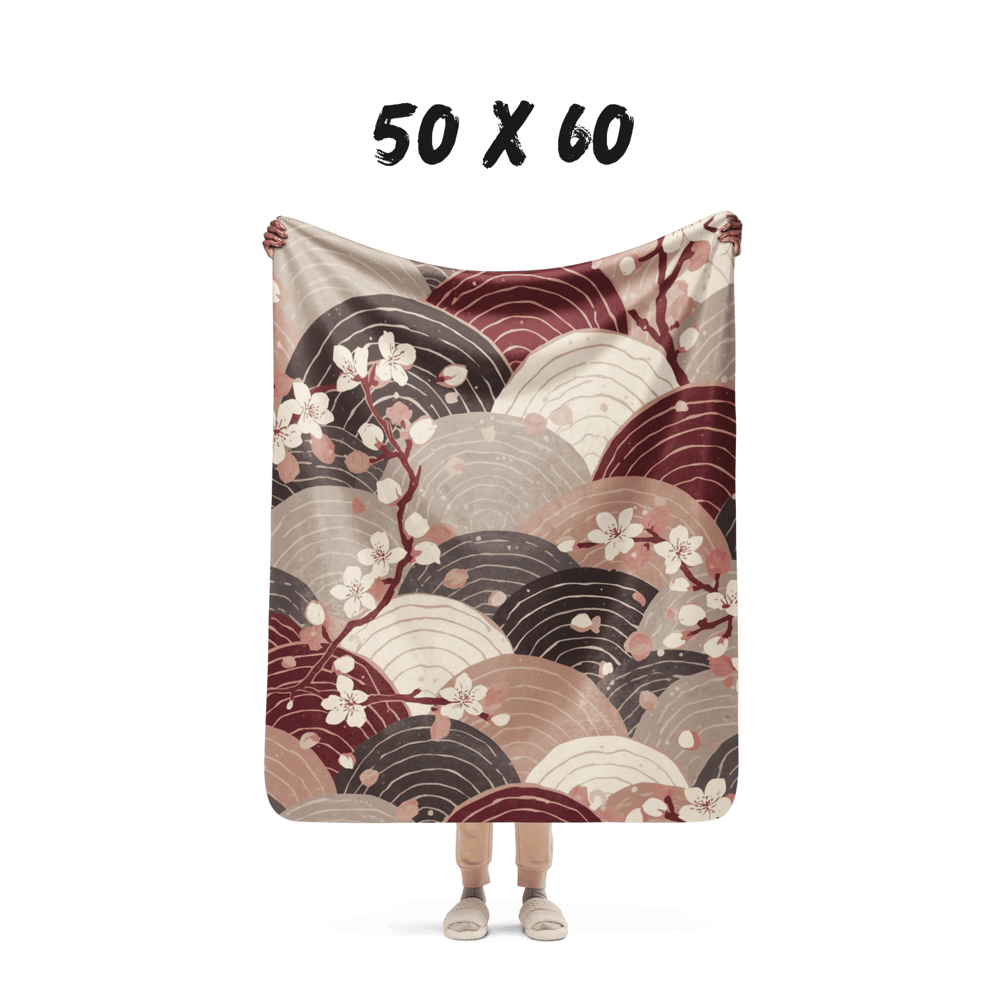 Sakura Wave Sherpa Blanket — Japanese Floral Seigaiha Throw | Burgundy Tide