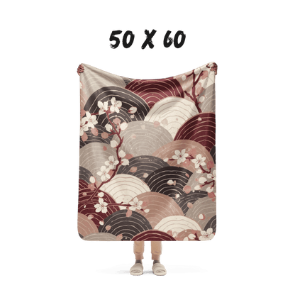 Sakura Wave Sherpa Blanket — Japanese Floral Seigaiha Throw | Burgundy Tide