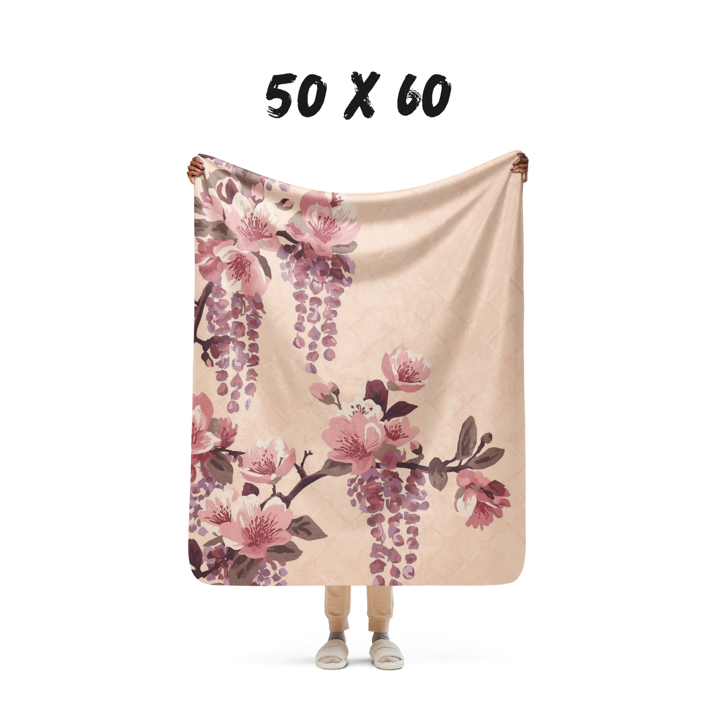 Blush Wisteria Sakura Fuji Sherpa Throw Blanket — Japanese Floral Cozy Blanket | Romantic Botanical