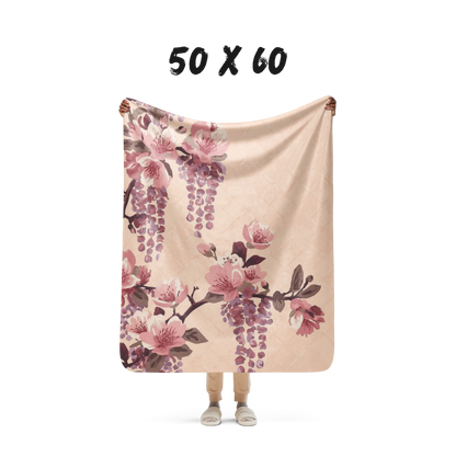 Blush Wisteria Sakura Fuji Sherpa Throw Blanket — Japanese Floral Cozy Blanket | Romantic Botanical