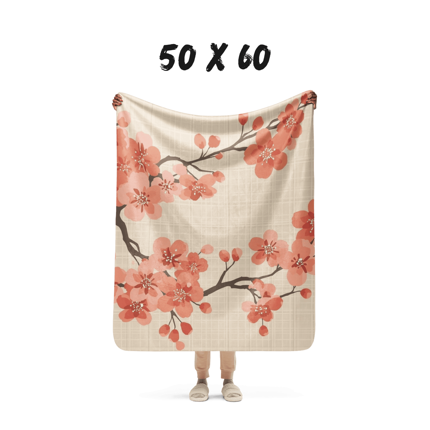 Cherry Blossom Sherpa Blanket | Japanese Sakura Throw Blanket | Coral Cream Floral Sherpa Throw | Japanese Botanical Home Decor Gift