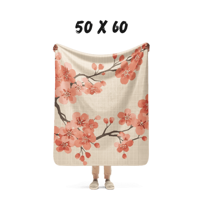 Cherry Blossom Sherpa Blanket | Japanese Sakura Throw Blanket | Coral Cream Floral Sherpa Throw | Japanese Botanical Home Decor Gift